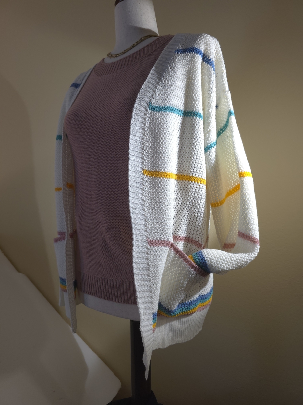 Open Knit Cardigan with Multicolor Stripe Detailing